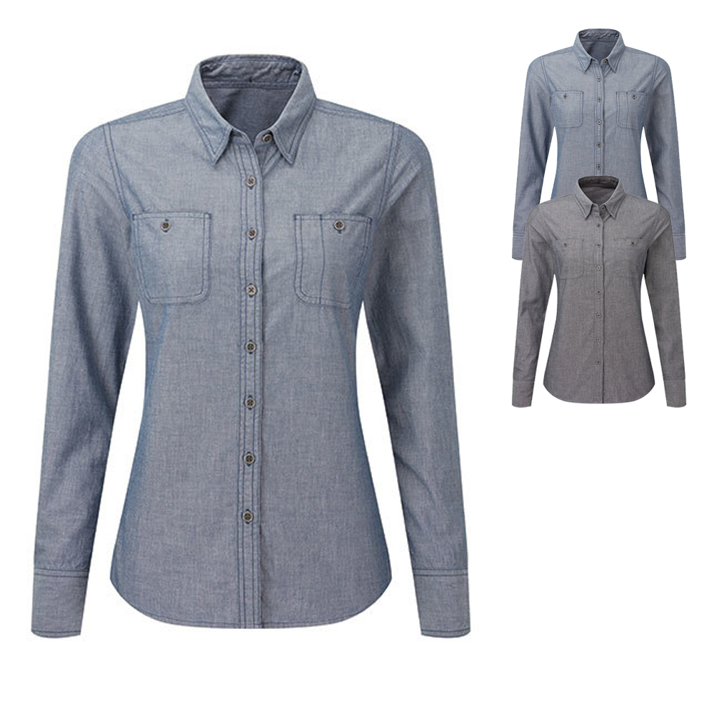 PW347 Premier Workwear Damen Bluse Langarm Chambray aus Fairtrade-zertifizierter Baumwolle